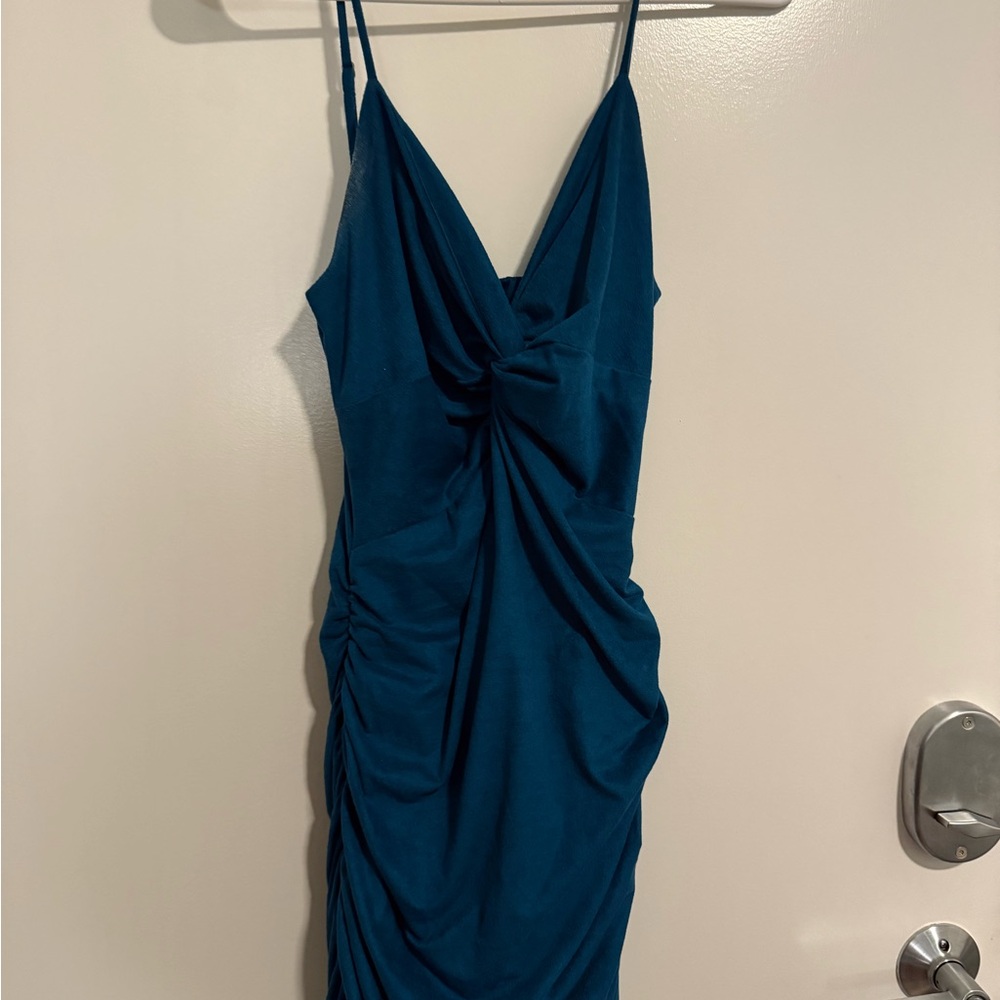 Teal Ruched Spaghetti Strap Dress
